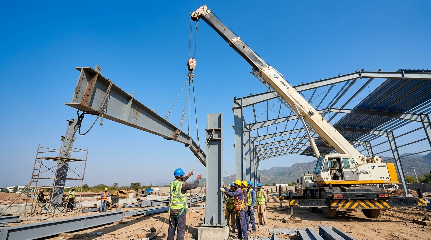 50-Ton Mobile Crane Erecting Portal Frame